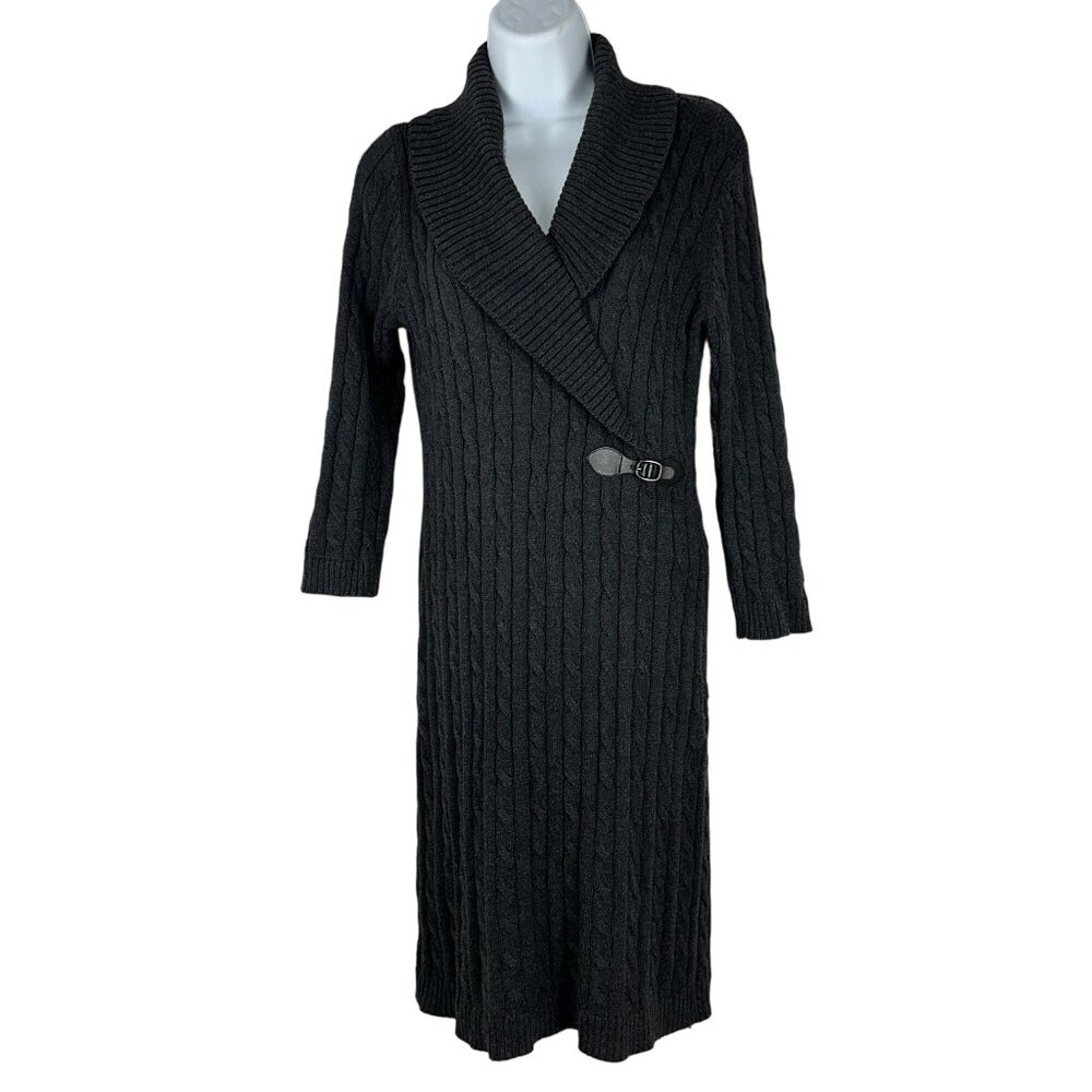 Ellen Tracy Gray Cable Knit Sweater Dress With Buckle Detail Size Medium